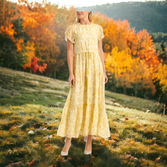 LUCKY BRAND Designer Ariel Yellow Paisley Peasant Tiered Maxi Dress!! NWT!! - Picture 5 of 13